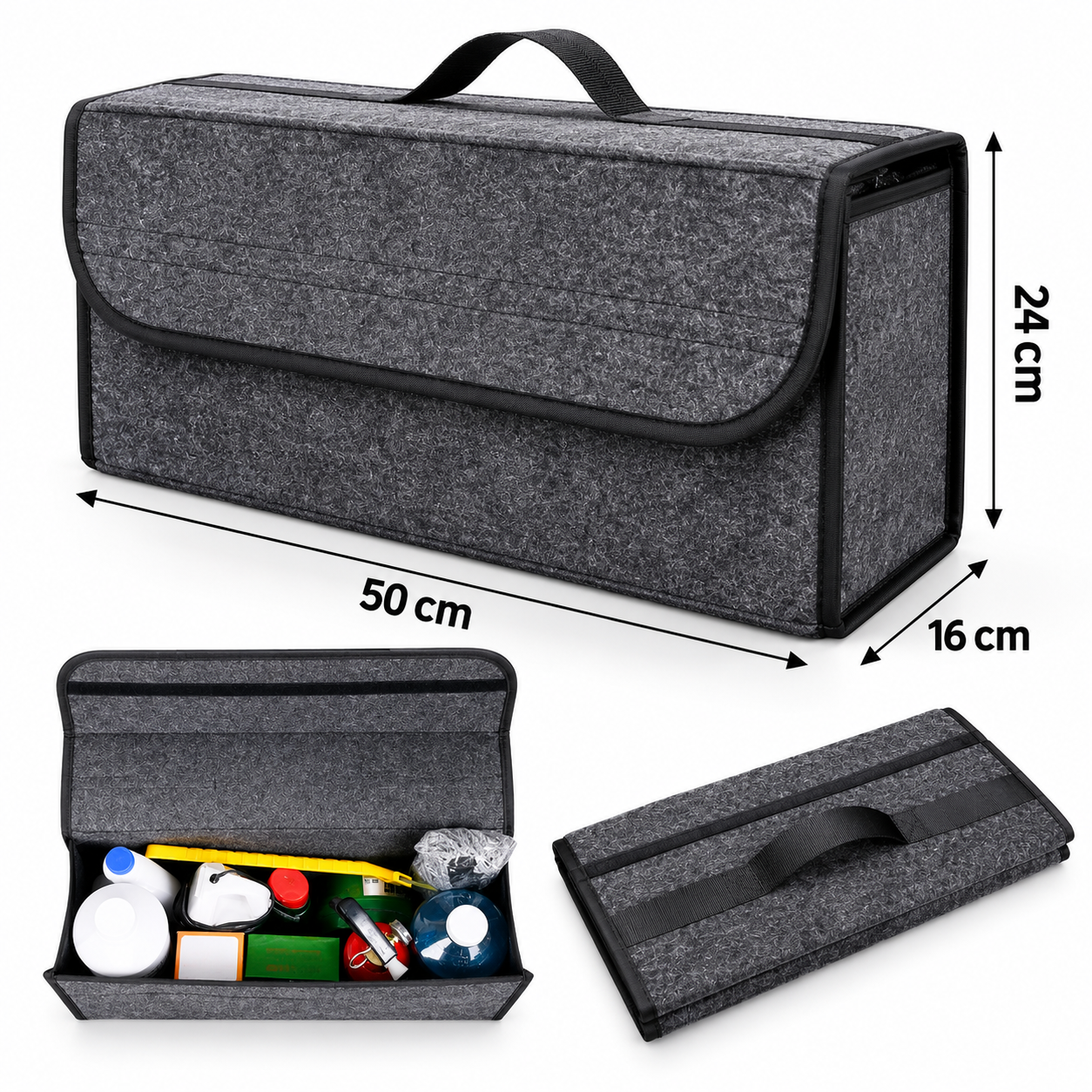Organizador com indicação das medidas: 50 cm de comprimento, 24 cm de altura e 16 cm de profundidade